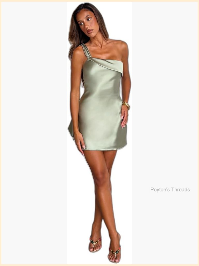 Satin One-Shoulder Mini Dress With Waterfall Ruffle And Fold-Over Neckline